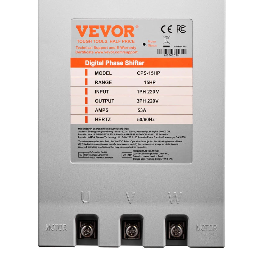 VEVOR 3 Phase Converter 15HP 53A 220V Single to 3 Phase 220V-240V Input/Output