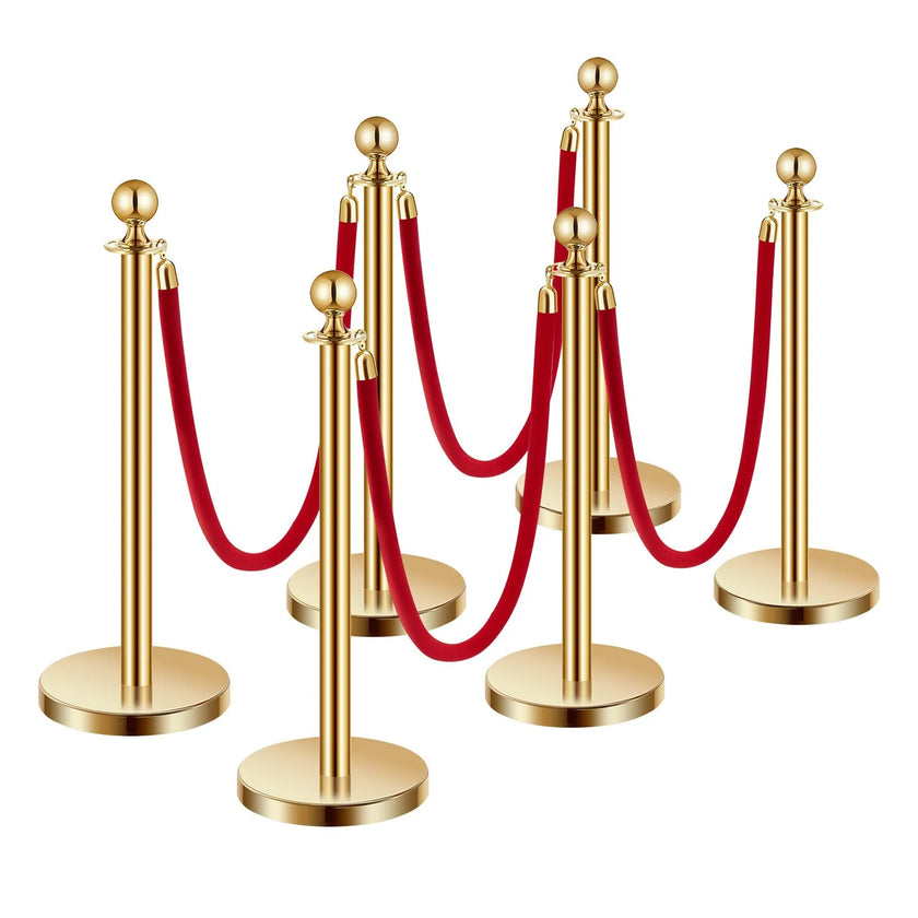 VEVOR 6 Pcs Gold Stanchion Post 4 Red Velvet Ropes Sand Injection Hollow Base