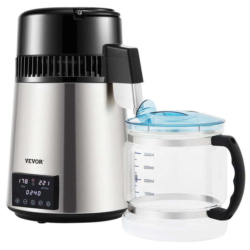 VEVOR 1.1Gal Water Distiller, 0.4Gal/H, Distilled Water Maker Machine 1750W 0-99H Timing Dual Temp Display, 304 Stainless Steel Countertop Distiller Glass Carafe Cleaning Powder 3 Carbon Packs, Silver