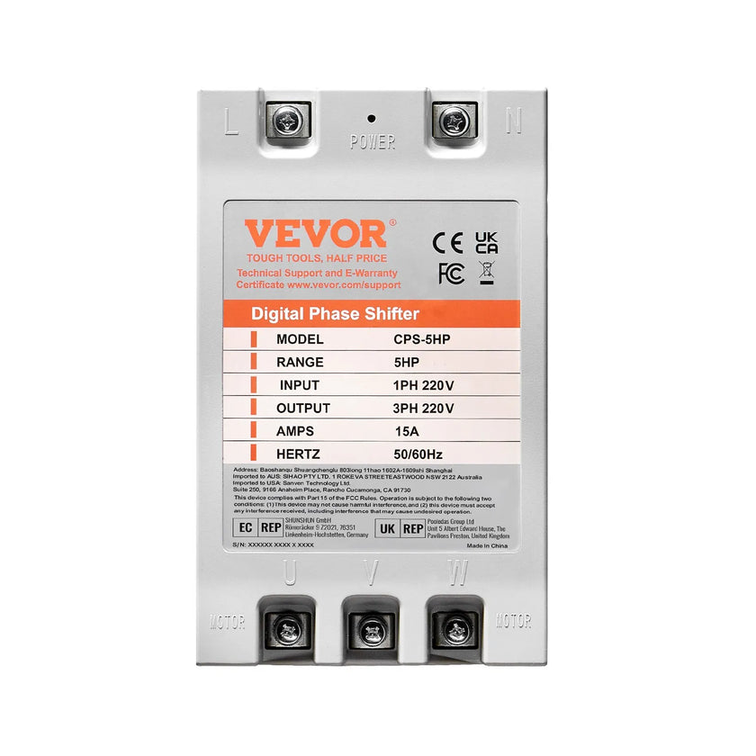 VEVOR 3 Phase Converter - 5HP 15A 220V Single Phase to 3 Phase Converter, Digital Phase Shifter for Residential and Light Commercial Use, 220V-240V Input/Output (One Converter for One Motor Only)