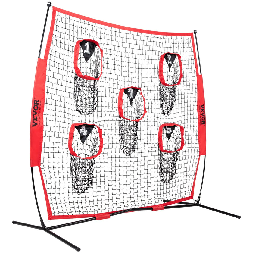 VEVOR 7 x 7 ft Football Trainer Throwing Net, Training Throwing Target Practice Net with 5 Target Pockets, Knotless Net Includes Bow Frame and Portable Carry Case, Improve QB Throwing Accuracy, Red
