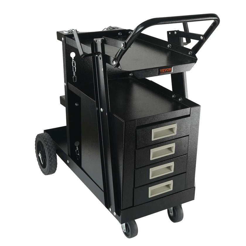 VEVOR 2-Tier 4 Drawers Welding Cart, Welder Cart with 265LBS Static Weight Capacity, 360° Swivel Wheels, Tank Storage Safety Chains, Heavy Duty Rolling for Mig Welder and Plasma Cutter