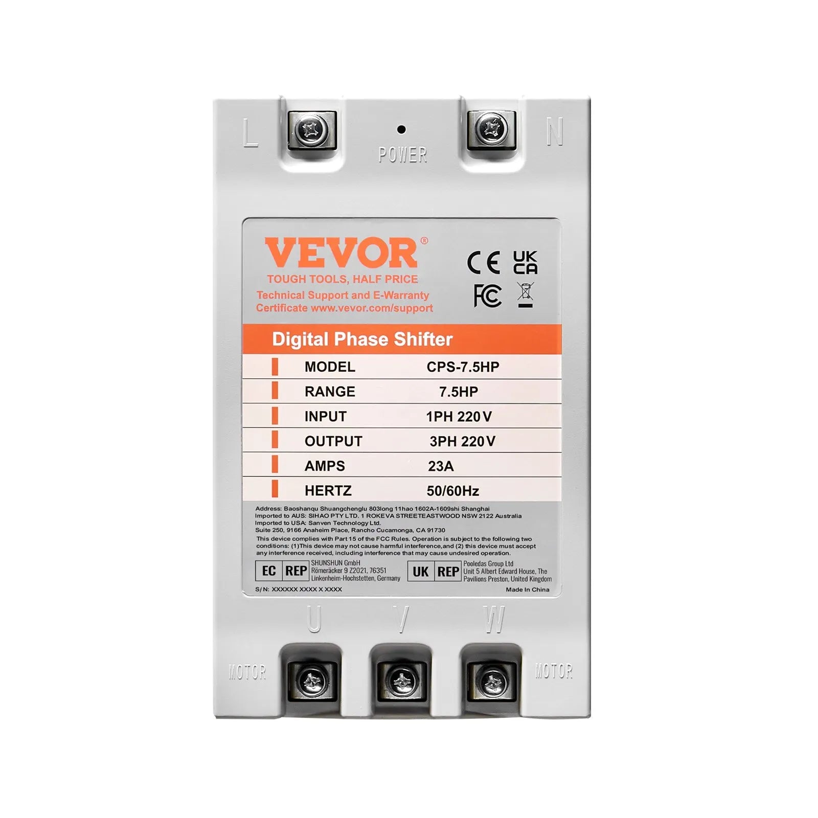 VEVOR 3 Phase Converter - 7.5HP 23A 220V Single Phase to 3 Phase Converter, Digital Phase Shifter for Residential and Light Commercial Use, 220V-240V Input/Output (One Converter for One Motor Only)