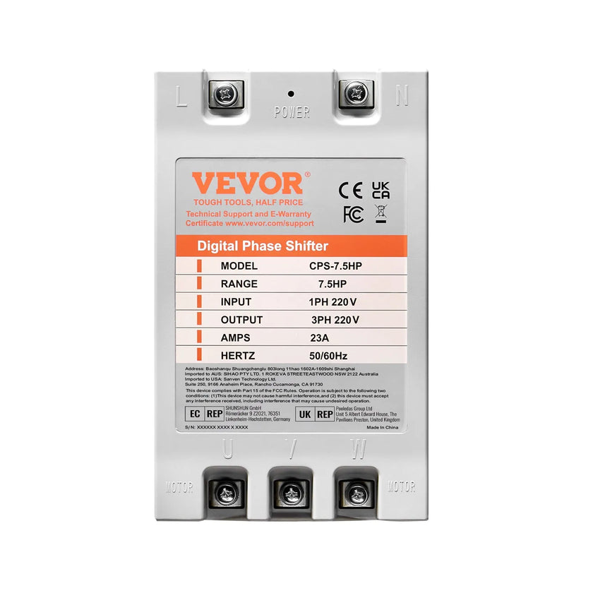 VEVOR 3 Phase Converter - 7.5HP 23A 220V Single Phase to 3 Phase Converter, Digital Phase Shifter for Residential and Light Commercial Use, 220V-240V Input/Output (One Converter for One Motor Only)