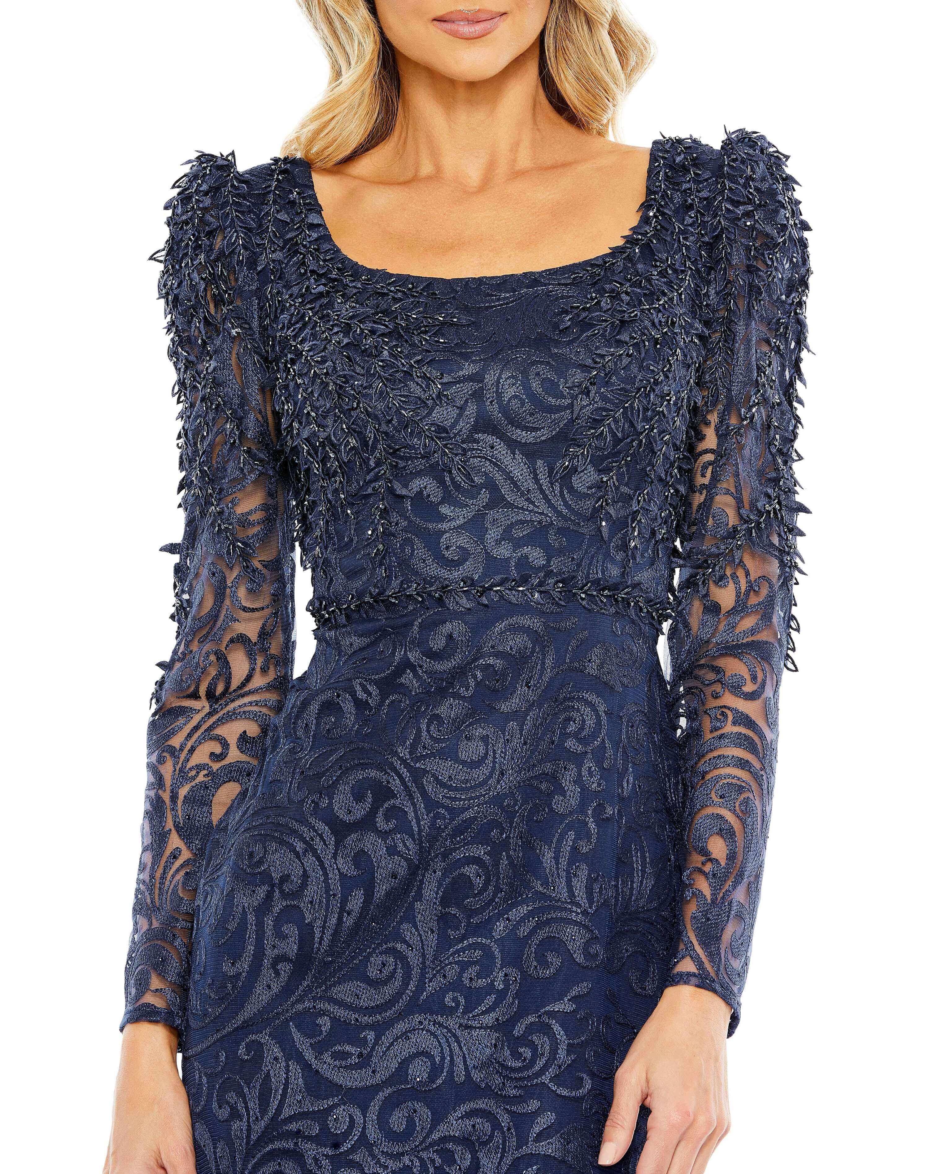 Embroidered Appliqué Shoulder Detail Trumpet Gown