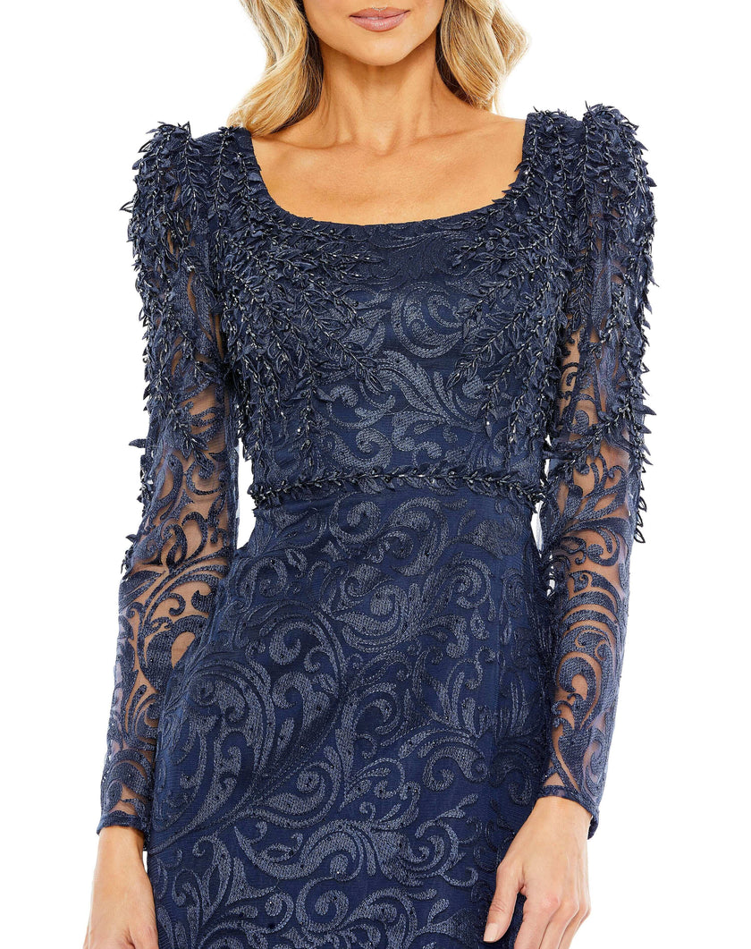 Embroidered Appliqué Shoulder Detail Trumpet Gown