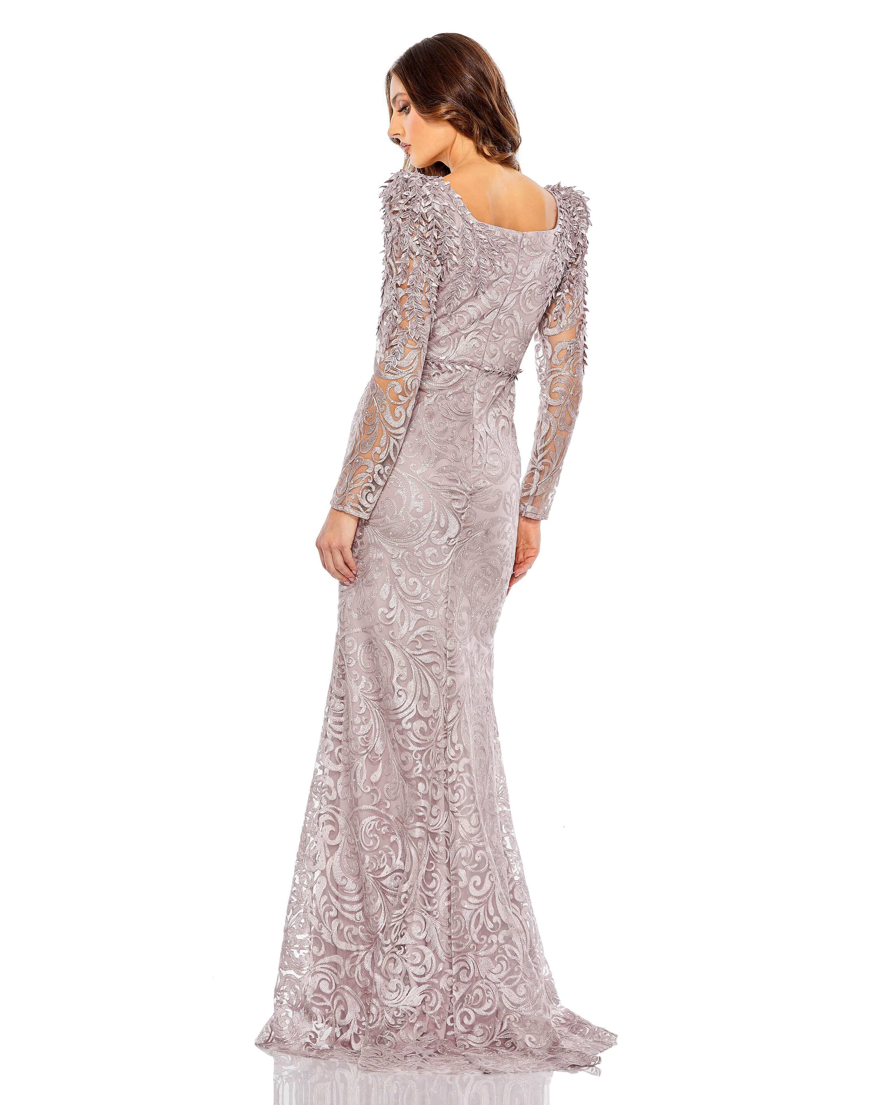 Embroidered Appliqué Shoulder Detail Trumpet Gown