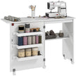 Sewing Machine Cabinet, Folding Sewing Table with Storage Shelf, Bins and Lockable Wheels for Small Space, White