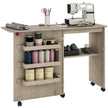 Sewing Machine Cabinet, Folding Sewing Table with Storage Shelf, Bins and Lockable Wheels for Small Space, Grey