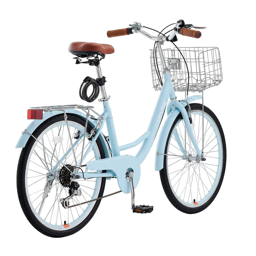 VEVOR 24-Inch Cruiser Bike 7-Speed Light Blue Beach Cruiser Bike with Basket