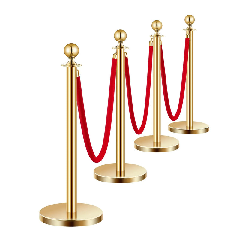 VEVOR 4 Pcs Gold Stanchion Post 3 Red Velvet Ropes Sand Injection Hollow Base