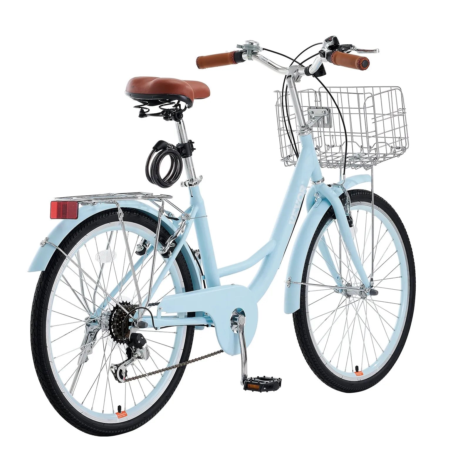 VEVOR 26-Inch Cruiser Bike 7-Speed Light Blue Beach Cruiser Bike with Basket