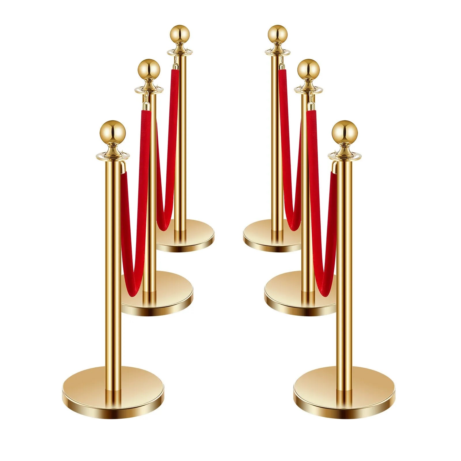 VEVOR 6 Pcs Gold Stanchion Post 4 Red Velvet Ropes Sand Injection Hollow Base