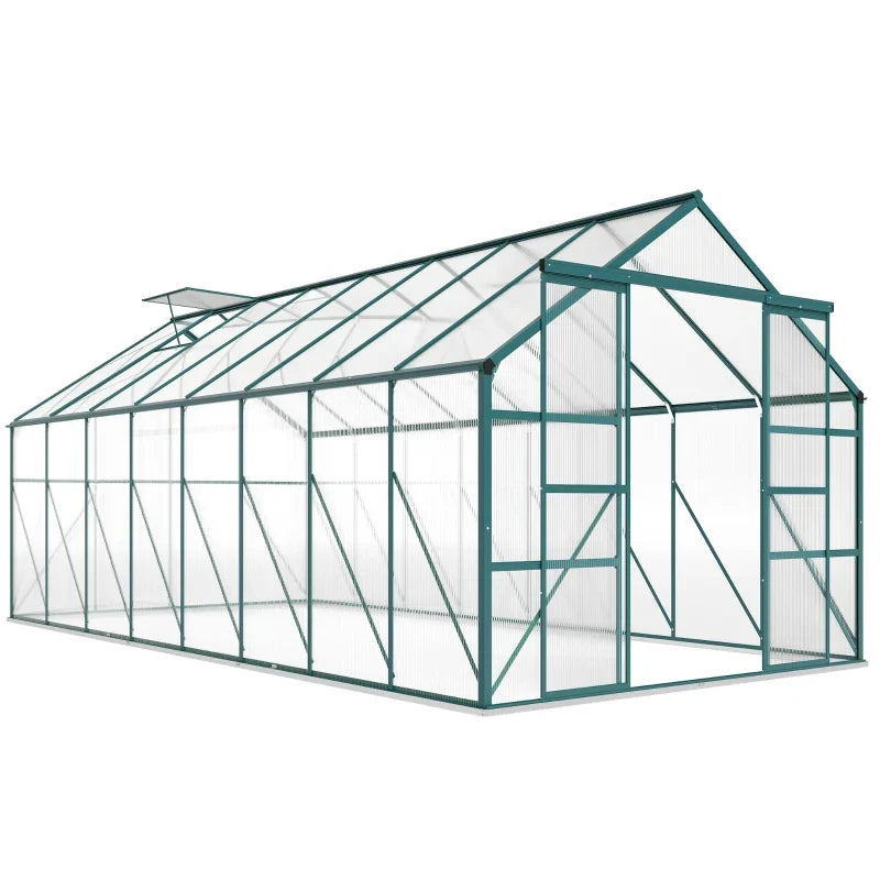 16' x 8' Aluminum Polycarbonate Greenhouse Walk-in Garden Greenhouse Kit with Adjustable Roof Vent, Rain Gutter and Sliding Door for Winter, Green
