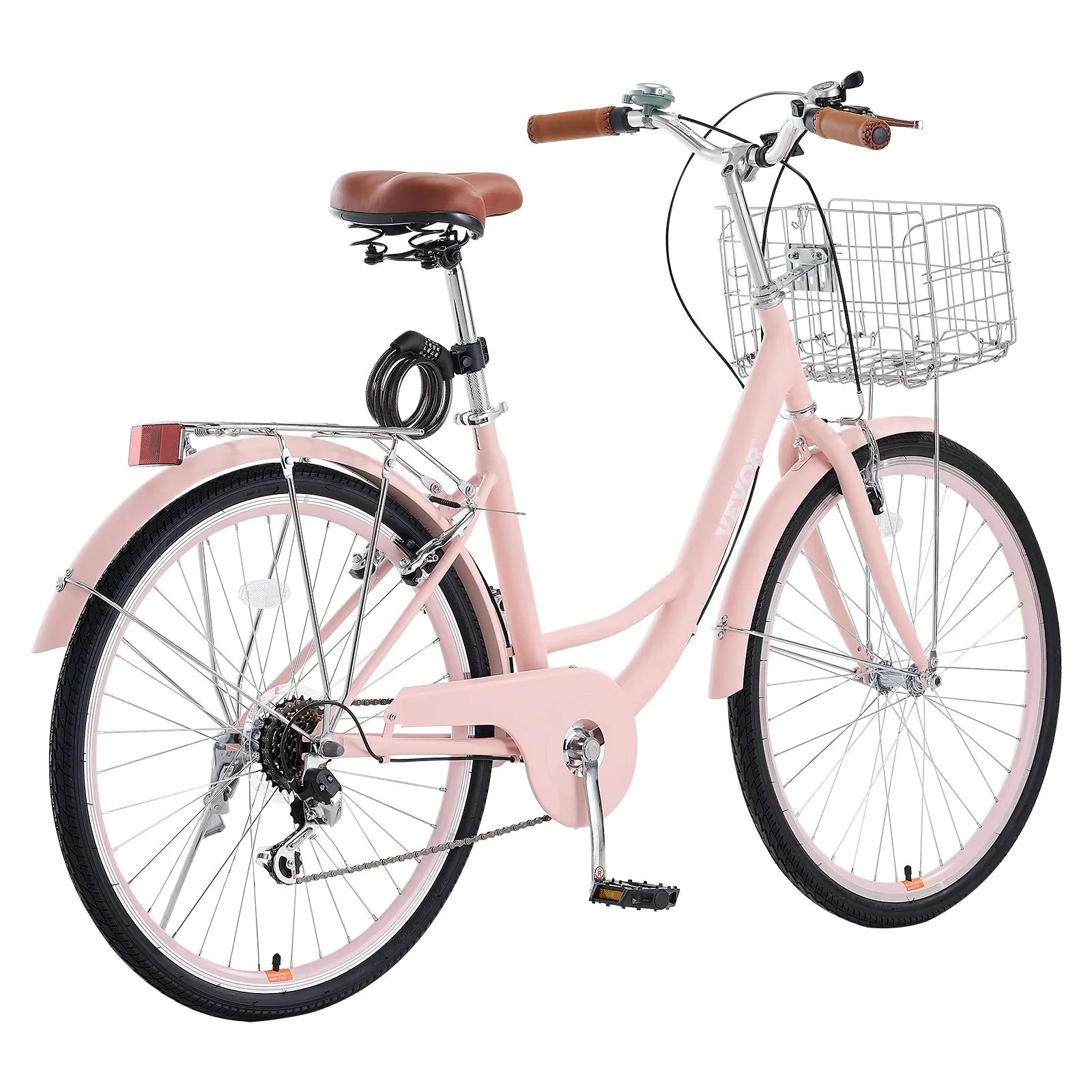 VEVOR 26-Inch Cruiser Bike 7-Speed Pink Beach Cruiser Bike with Basket