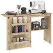 Sewing Machine Cabinet, Folding Sewing Table with Storage Shelf, Bins and Lockable Wheels for Small Space, Nature Wood