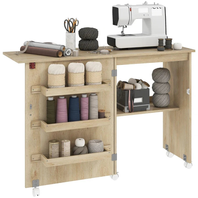 Sewing Machine Cabinet, Folding Sewing Table with Storage Shelf, Bins and Lockable Wheels for Small Space, Nature Wood