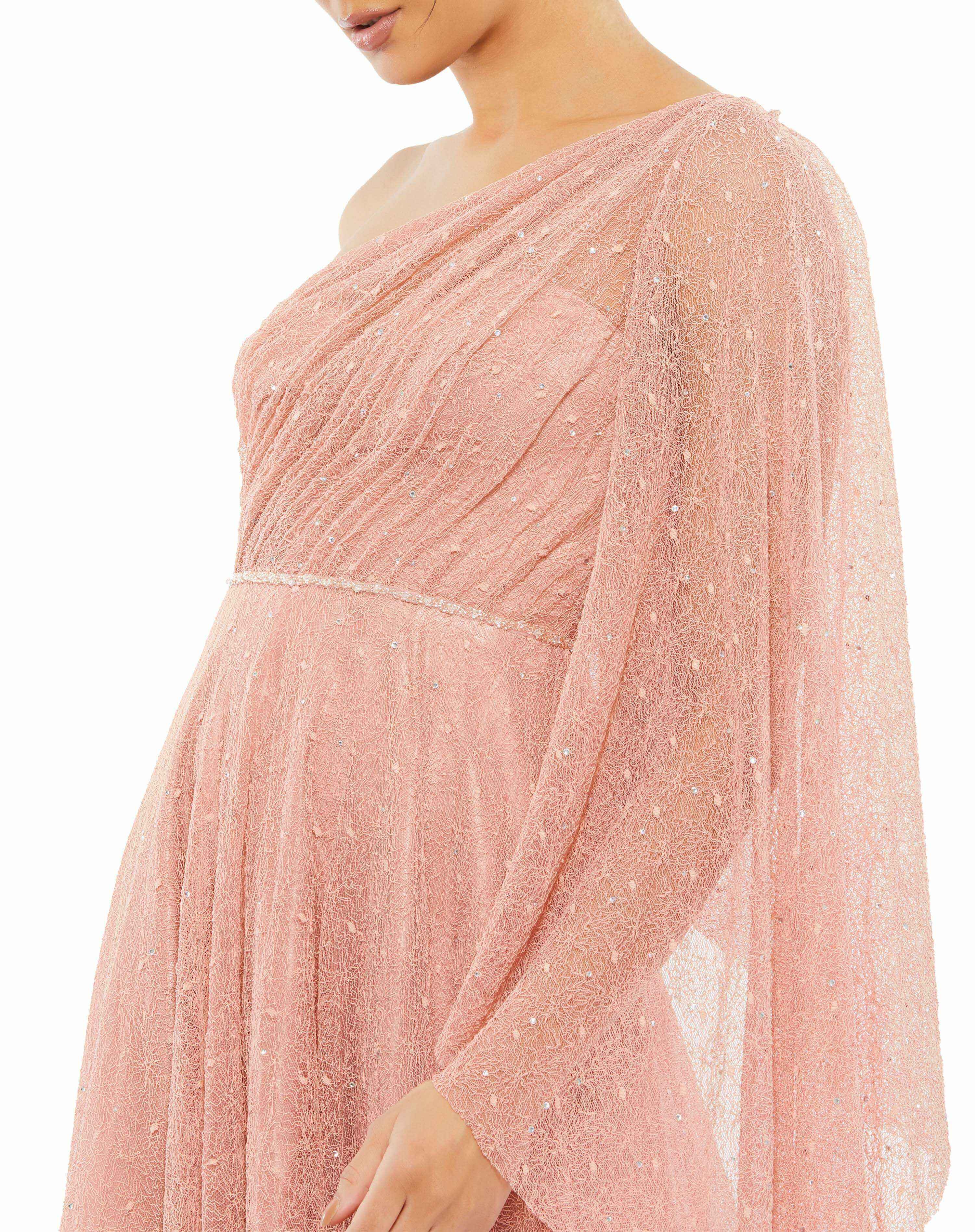 One-Shoulder Bell Sleeve Lace Gown