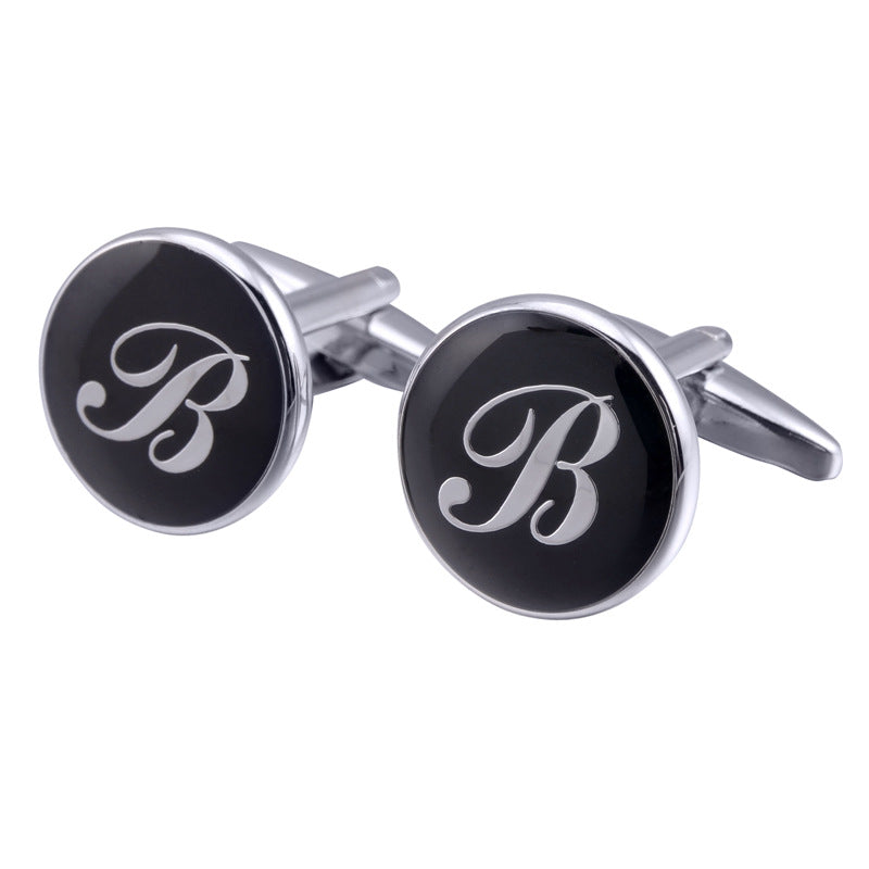 Men's Black Round Enamel Initial Letter Cufflinks – Brass & Crystal Formal Cufflinks A–Y | Canada & USA