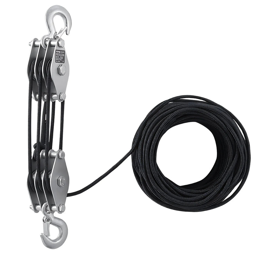 VEVOR 100 ft Rope Hoist Pulley Wheel Block and Tackle Puller 5:1 Ratio 4400 lbs