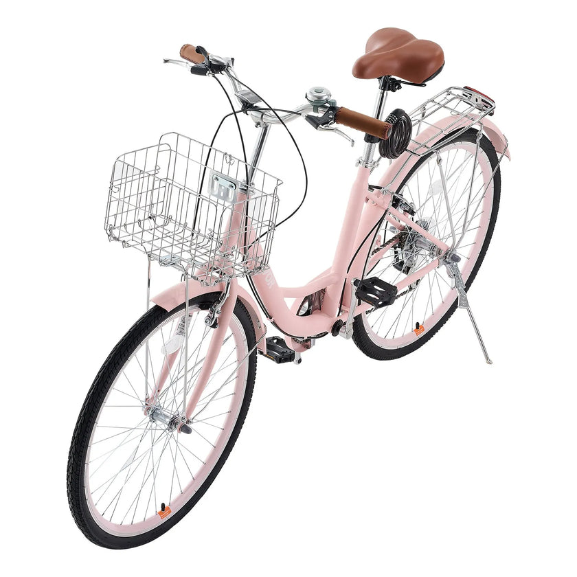 VEVOR 26-Inch Cruiser Bike 7-Speed Pink Beach Cruiser Bike with Basket