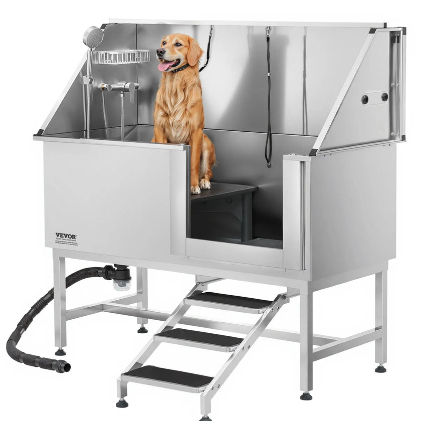 VEVOR 62 Inch Dog Grooming Bath Tub Stainless Steel w Stairs Water Filter