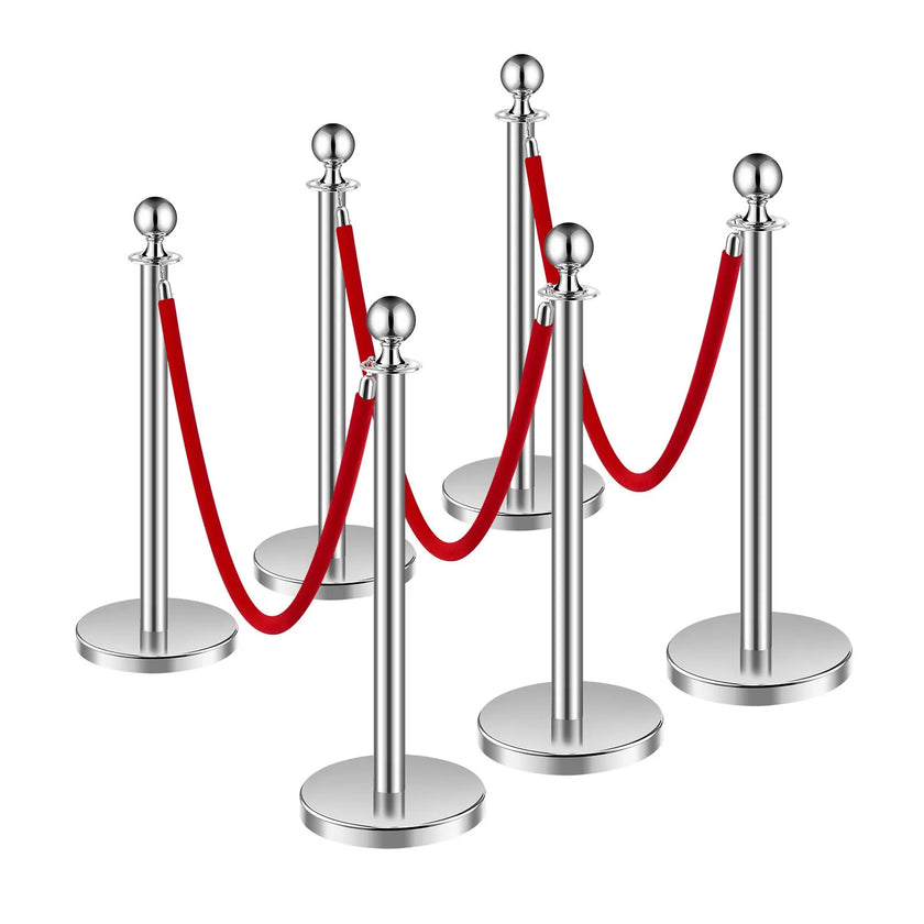 VEVOR 6 Pcs Silver Stanchion Post 3 Red Velvet Ropes Sand Injection Hollow Base