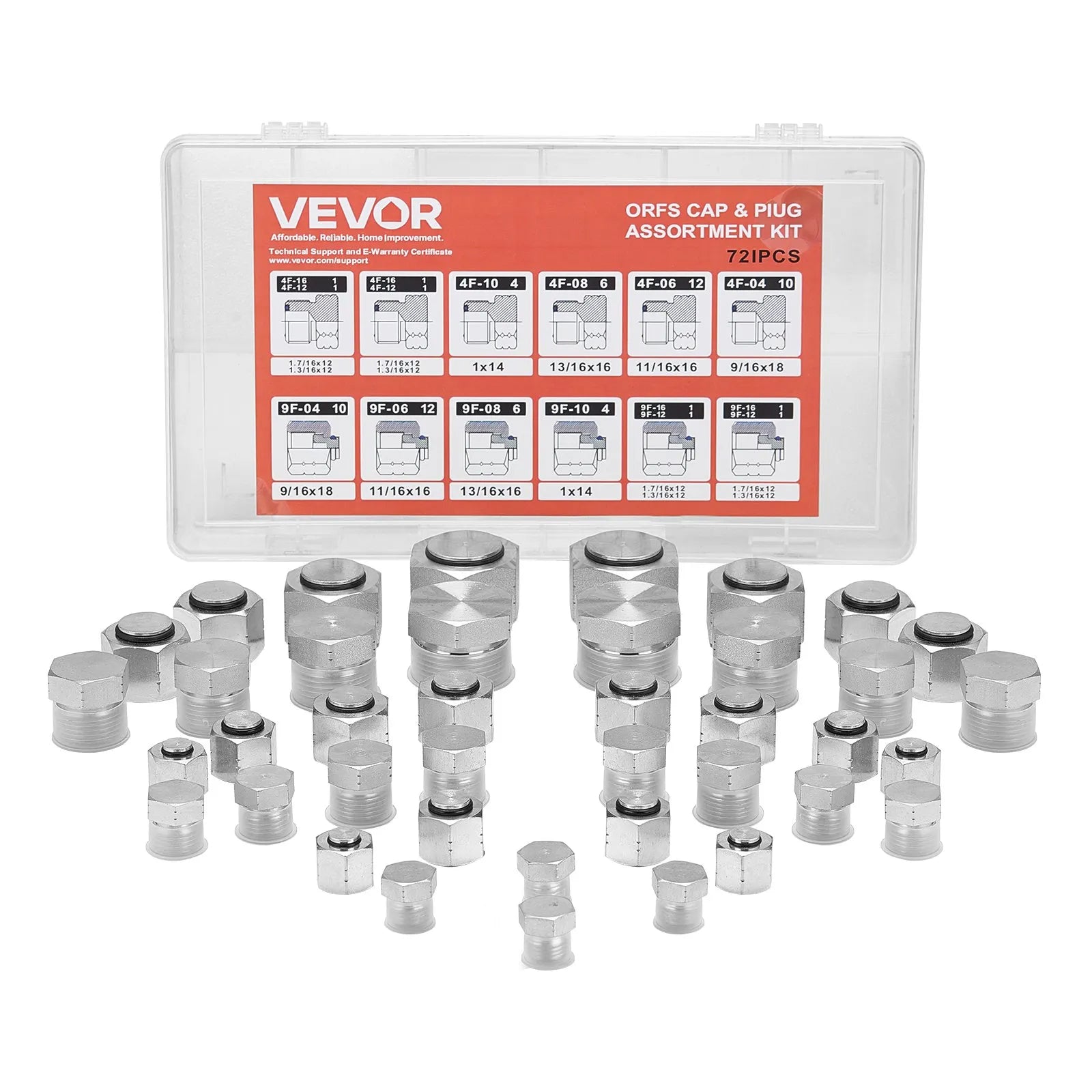 VEVOR 72 PCS ORFS O-Ring Plug and Cap Hydraulic Sealing Fittings Kit Sizes 4-16