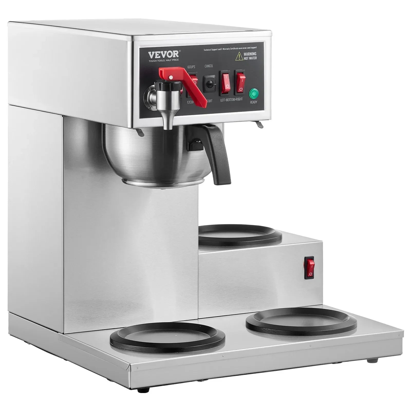 VEVOR 12 Cups Commercial Drip Coffee Maker with 3 Glass Carafes and 3 Warmers