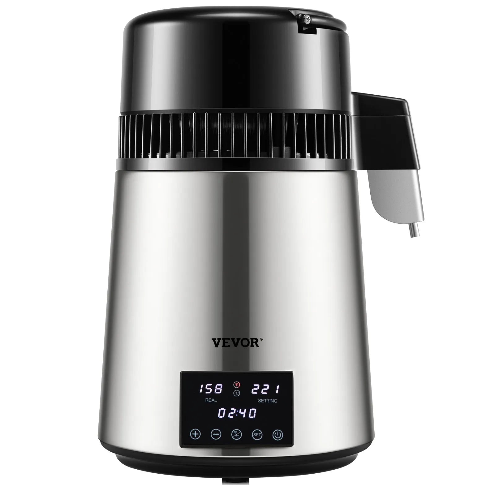 VEVOR 1.1Gal Water Distiller, 0.4Gal/H, Distilled Water Maker Machine 1750W 0-99H Timing Dual Temp Display, 304 Stainless Steel Countertop Distiller Glass Carafe Cleaning Powder 3 Carbon Packs, Silver