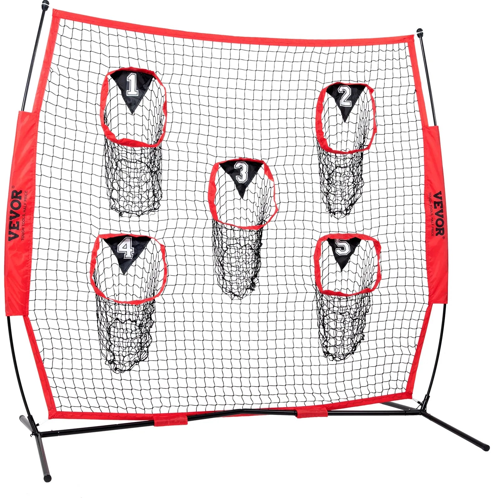 VEVOR 7 x 7 ft Football Trainer Throwing Net, Training Throwing Target Practice Net with 5 Target Pockets, Knotless Net Includes Bow Frame and Portable Carry Case, Improve QB Throwing Accuracy, Red