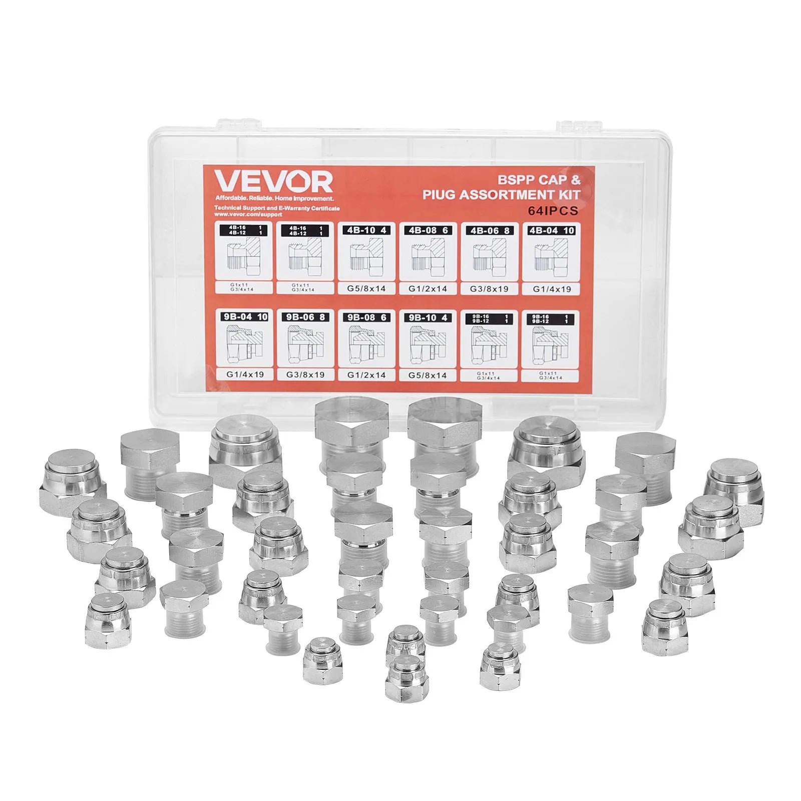 VEVOR 64 PCS BSPP Hydraulic Fitting Galvanized Cap & Plug Assortment Adapter Kit