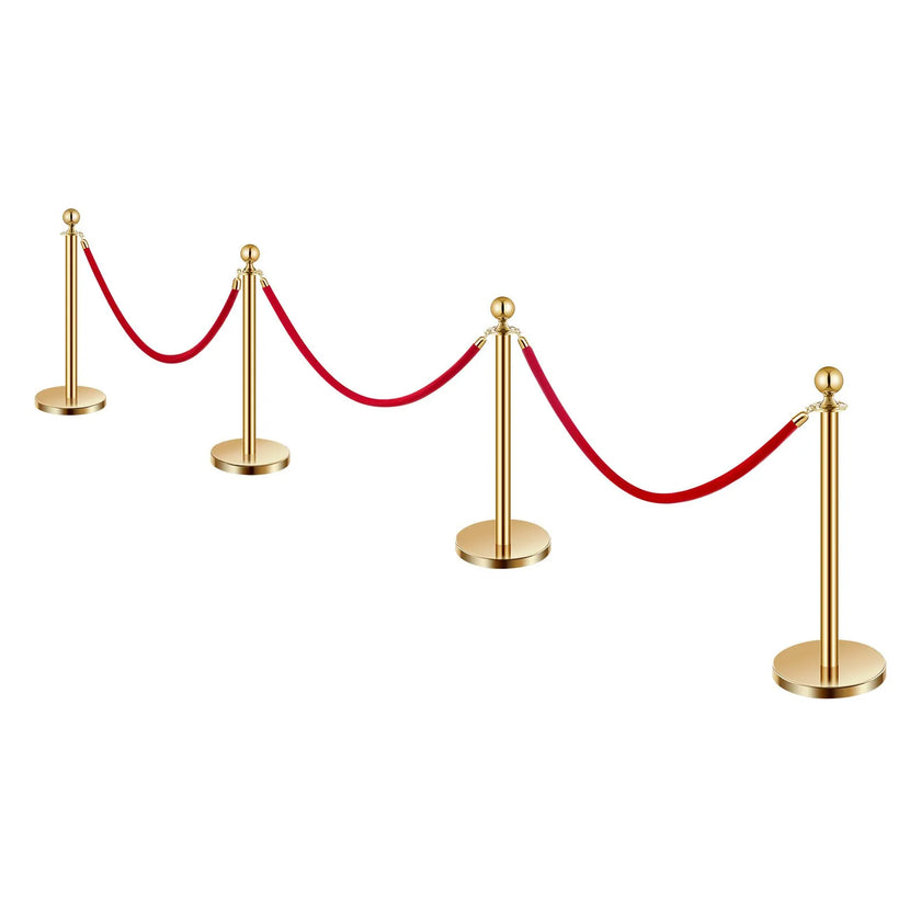 VEVOR 4 Pcs Gold Stanchion Post 3 Red Velvet Ropes Sand Injection Hollow Base