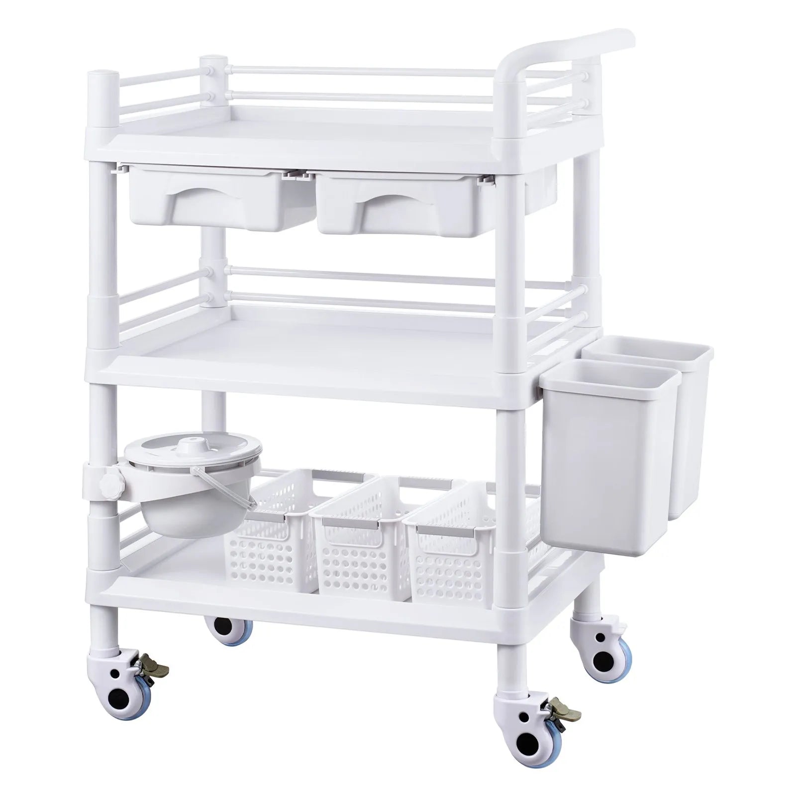 VEVOR 3 Tiers Lab Carts Mobile Medical Cart with 3 Trays & 3 Trash Cans White