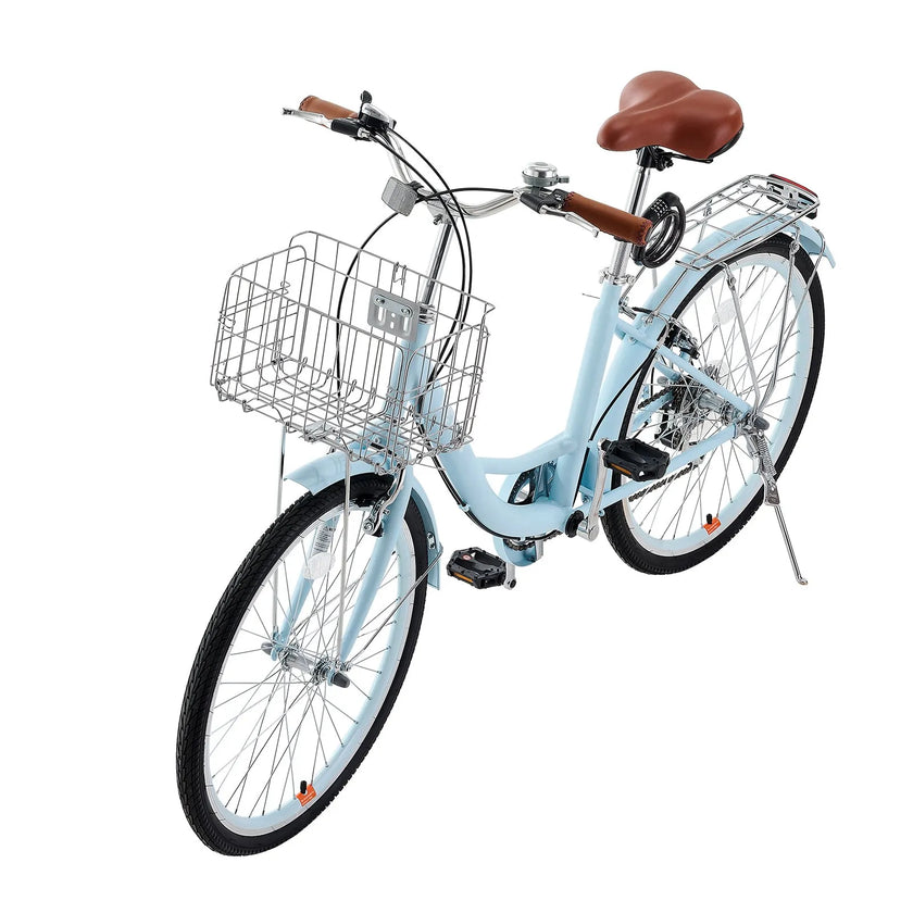 VEVOR 26-Inch Cruiser Bike 7-Speed Light Blue Beach Cruiser Bike with Basket
