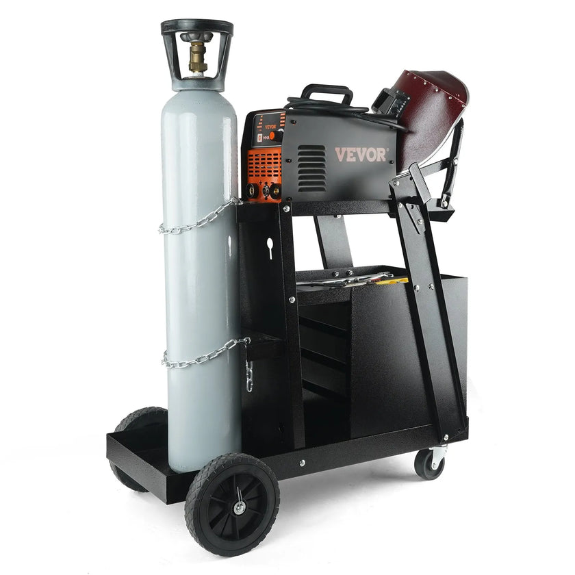 VEVOR 2-Tier 4 Drawers Welding Cart, Welder Cart with 265LBS Static Weight Capacity, 360° Swivel Wheels, Tank Storage Safety Chains, Heavy Duty Rolling for Mig Welder and Plasma Cutter