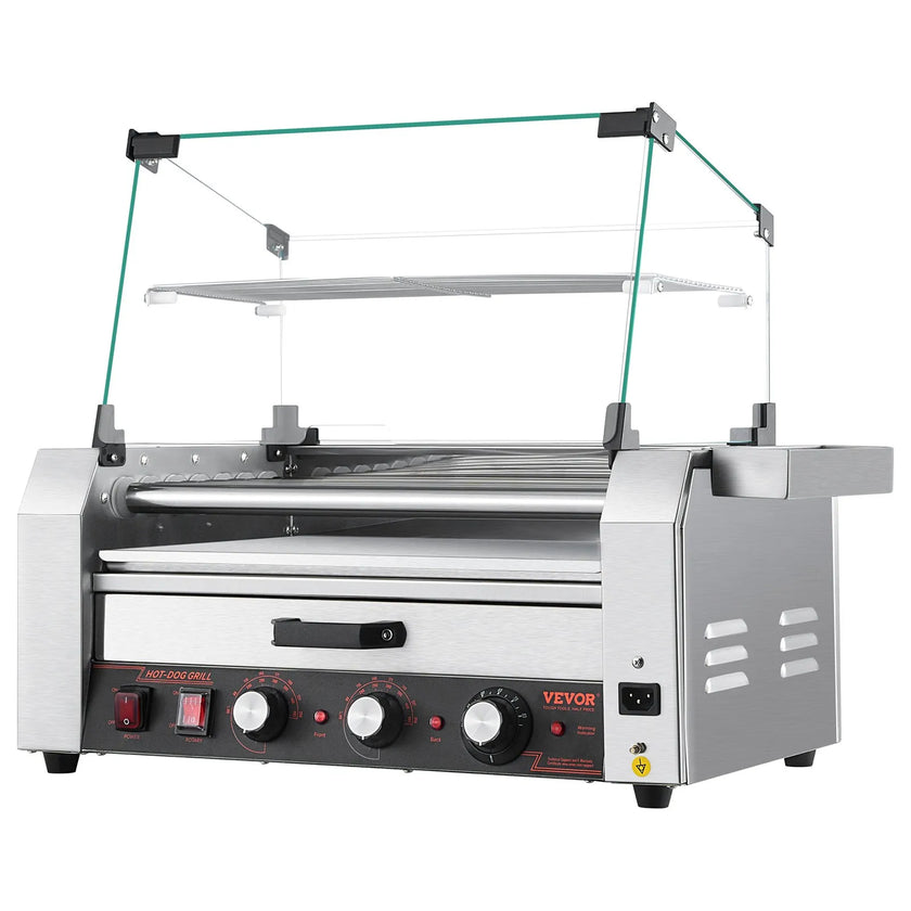 VEVOR 18 Hot Dog 7 Roller Electric Grill Cooker Machine Bun Warmer Cover 1200W