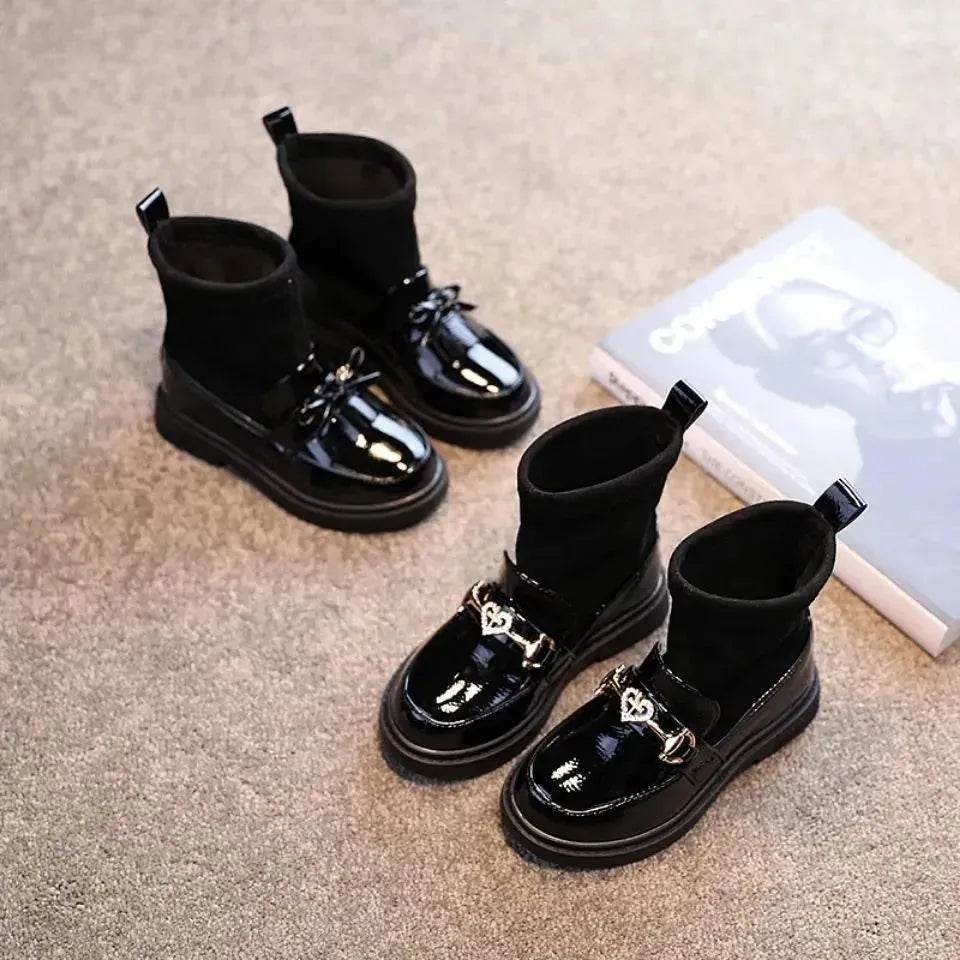 Black Patent leather boots for girls Woolen Winter boot for girls