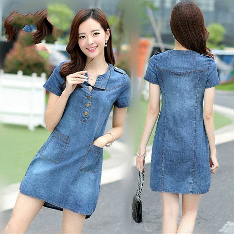 Women's Casual Denim Mini Dress – Loose Jean Dress in Dark Blue & Light Blue | Plus Size S–5XL