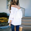 Spring Summer Women Off Shoulder Strapless Blouse top Bowknot Slash Neck Casual Loose Plus Size top