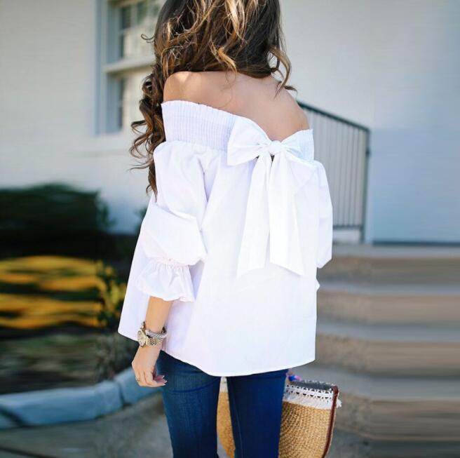 Spring Summer Women Off Shoulder Strapless Blouse top Bowknot Slash Neck Casual Loose Plus Size top