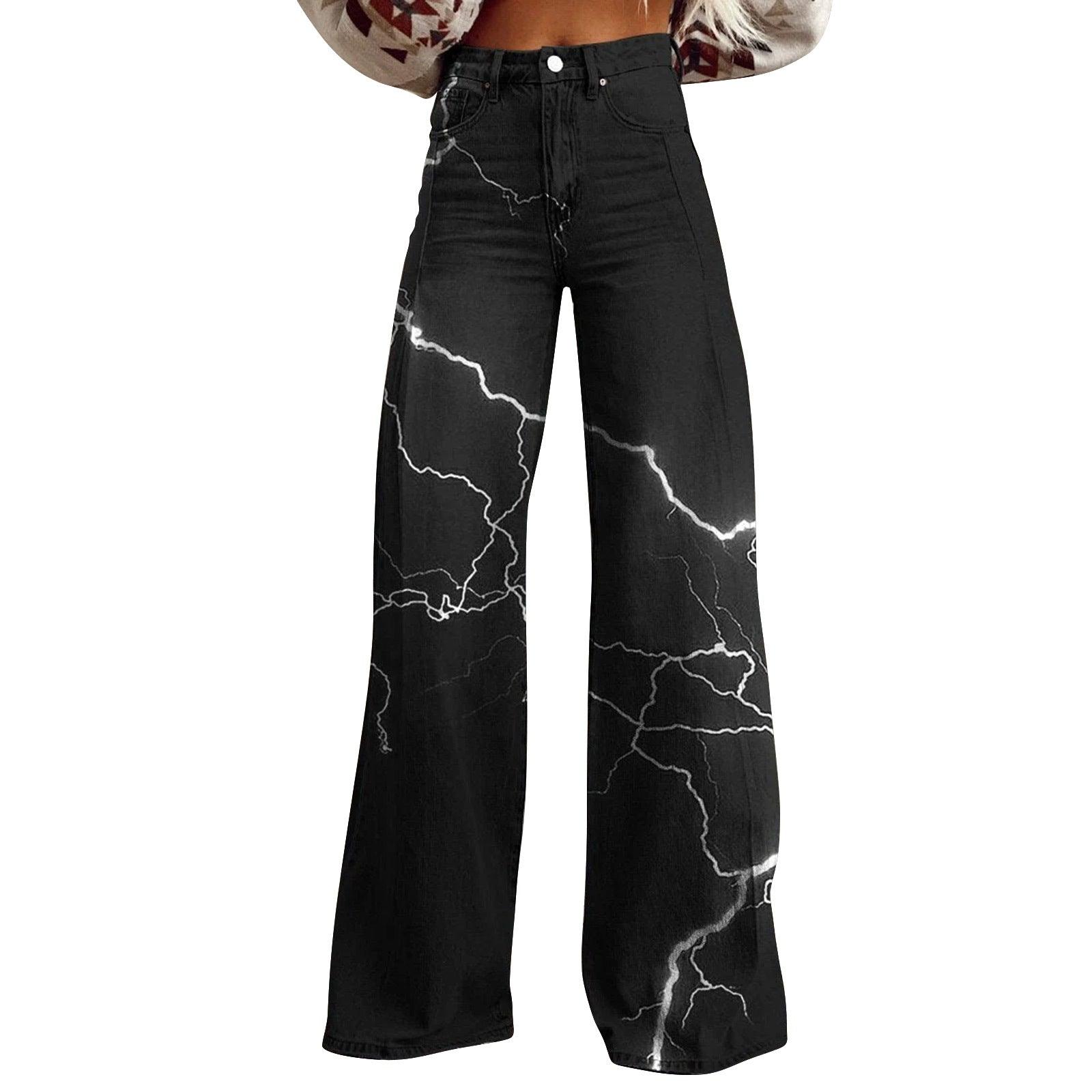 Women's 3D Printed Flared Denim Jeans – Graphic Print Wide Leg Jeans
