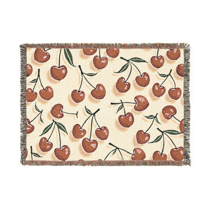 Cherry Pattern Woven Blanket — Retro Fruit Throw for Living Room & Bedroom