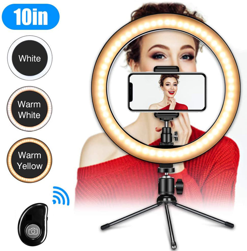 10-inch LED Ring Light, 120 LEDs, 2900-6500K, USB Powered, Phone Holder and Tripod Options