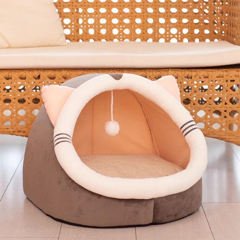 Enclosed Cat Cave Bed – Plush Winter Kennel with Dangling Toy | Bear, Cat, Mickey & More