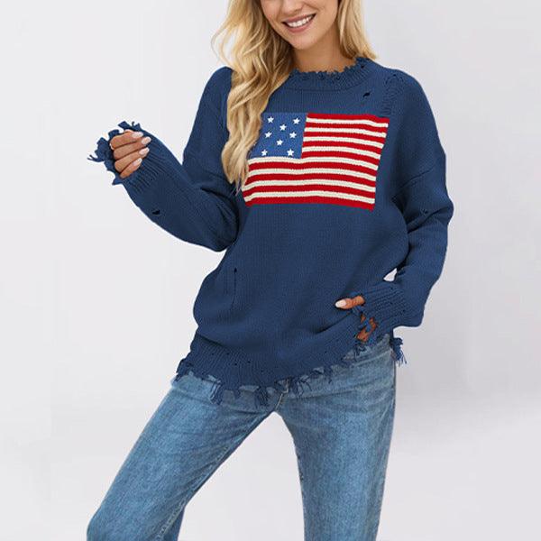 Women's Loose Round Neck Fashion Sweater | National Flag Print Knit Top