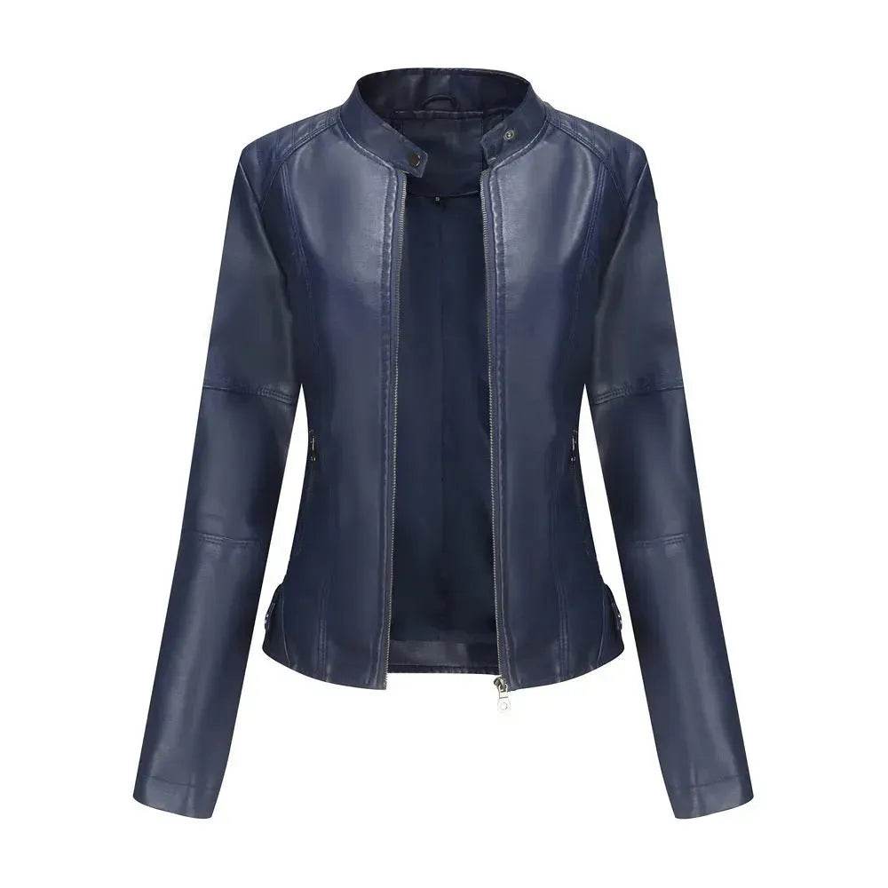 Fashioned European and American Slim fit stand collar Leather jacket for women
