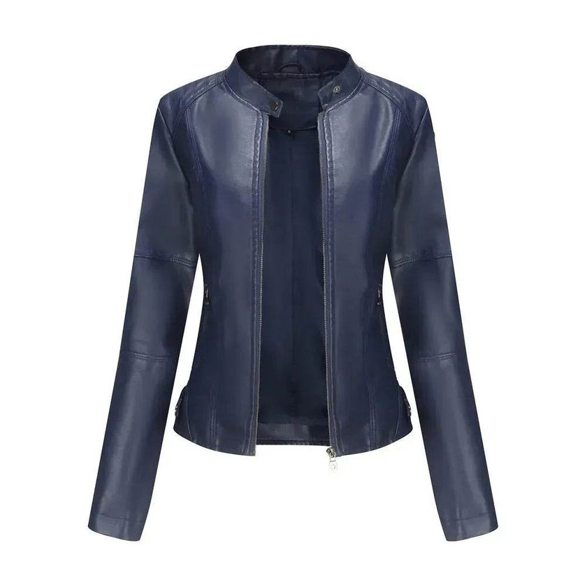 Fashioned European and American Slim fit stand collar Leather jacket for women