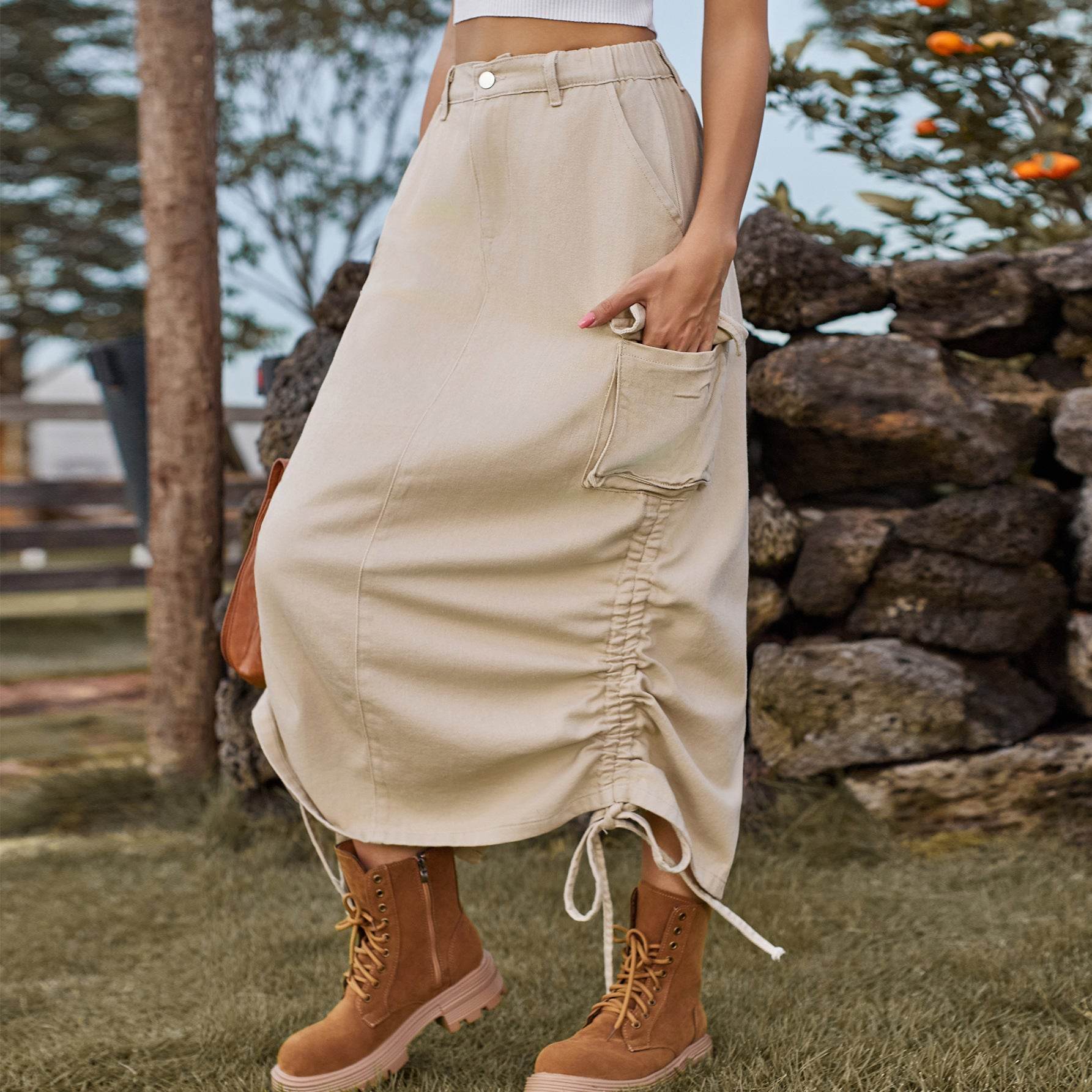 American-style Casual Denim Drawstring Midi Cargo Skirt