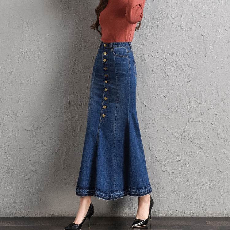 New Fashion Fitted Button up Mermaid Midi Denim Skirt